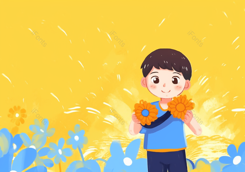 花草黄色背景儿童节节日可爱小孩男孩一个人两朵花简约背景插画,插画/手绘图,插画/手绘图库,插画/手绘图下载,插画/手绘